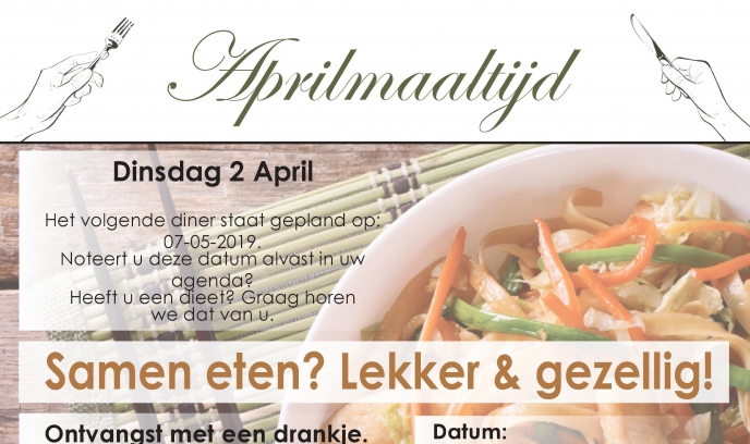 “Samen eten? Lekker en gezellig!” in de Westerkim op  2 april a.s.