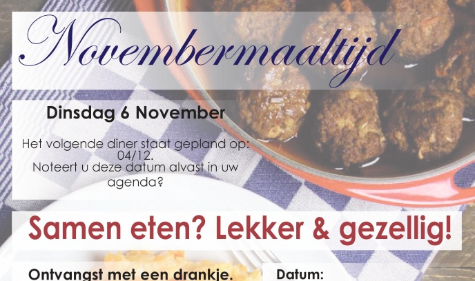 “Samen eten? Lekker en gezellig!” in de Westerkim op 6 november a.s. 