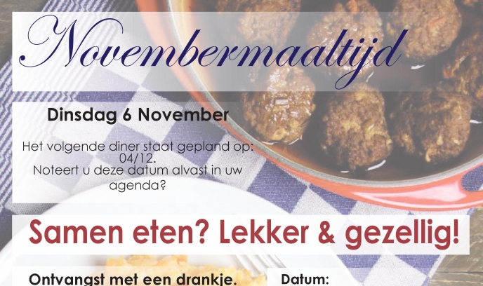 “Samen eten? Lekker en gezellig!” in de Westerkim op 6 november a.s.