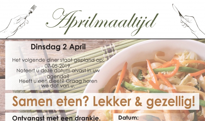 “Samen eten? Lekker en gezellig!” in de Westerkim op 2 april a.s.