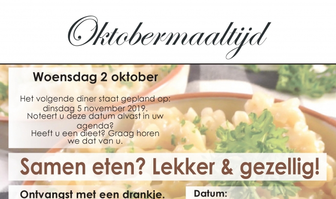“Samen eten? Lekker en gezellig!” in de Westerkim op 2 oktober a.s.