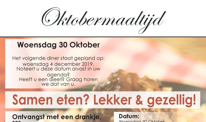 “Samen eten? Lekker en gezellig!” in de Westerkim op 30 oktober a.s.
