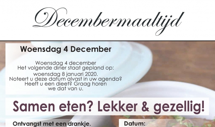 “Samen eten? Lekker en gezellig!” in Sint-sfeer op  4 december a.s.